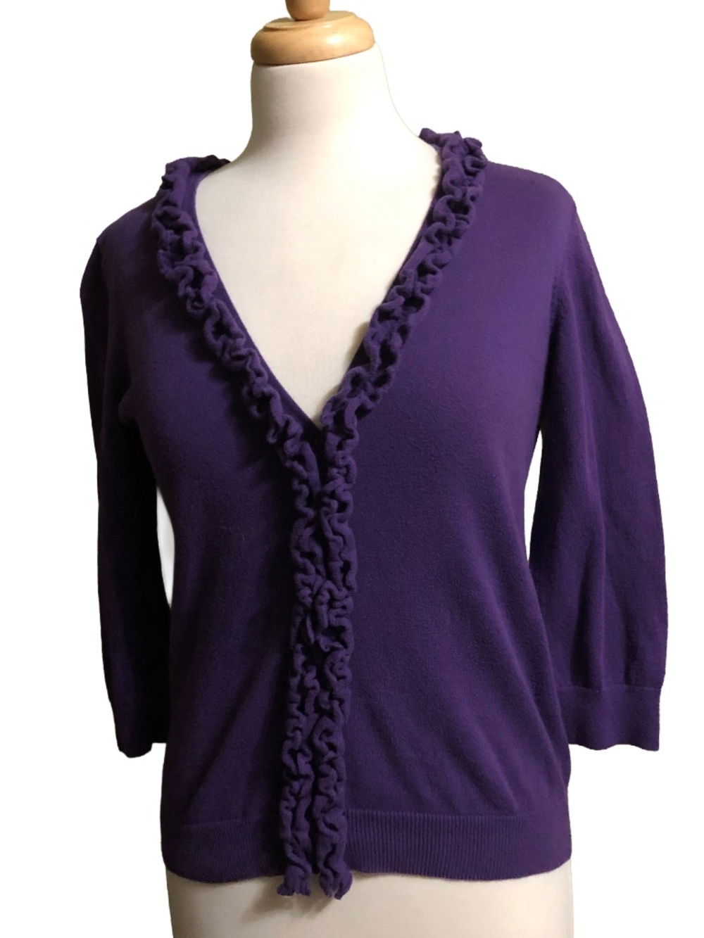 LOFT Purple Ruffle Button Front Cardigan Sweater Small Cotton Knit